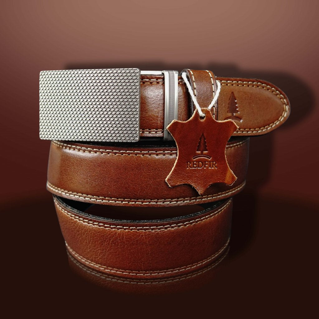 Men's brown Victory leather belt with Silver stripes buckle 