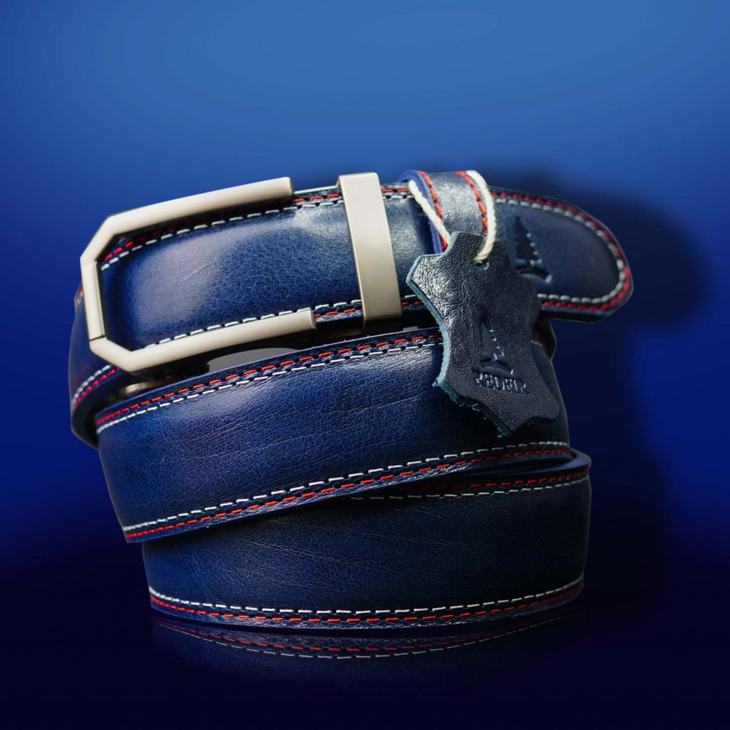 Unique men's blue leather belt with Silver classic buckle