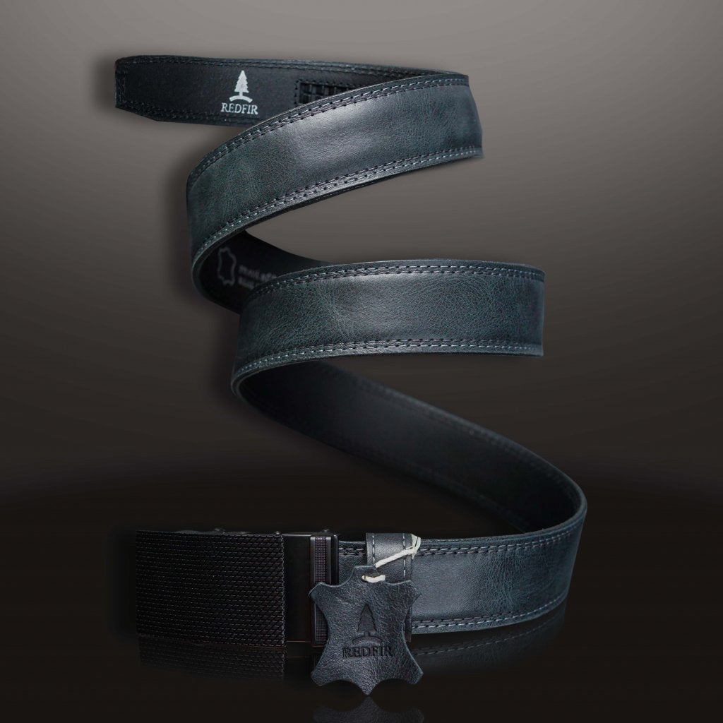 Storm dark gray men's leather belt with Black stripes buckle 